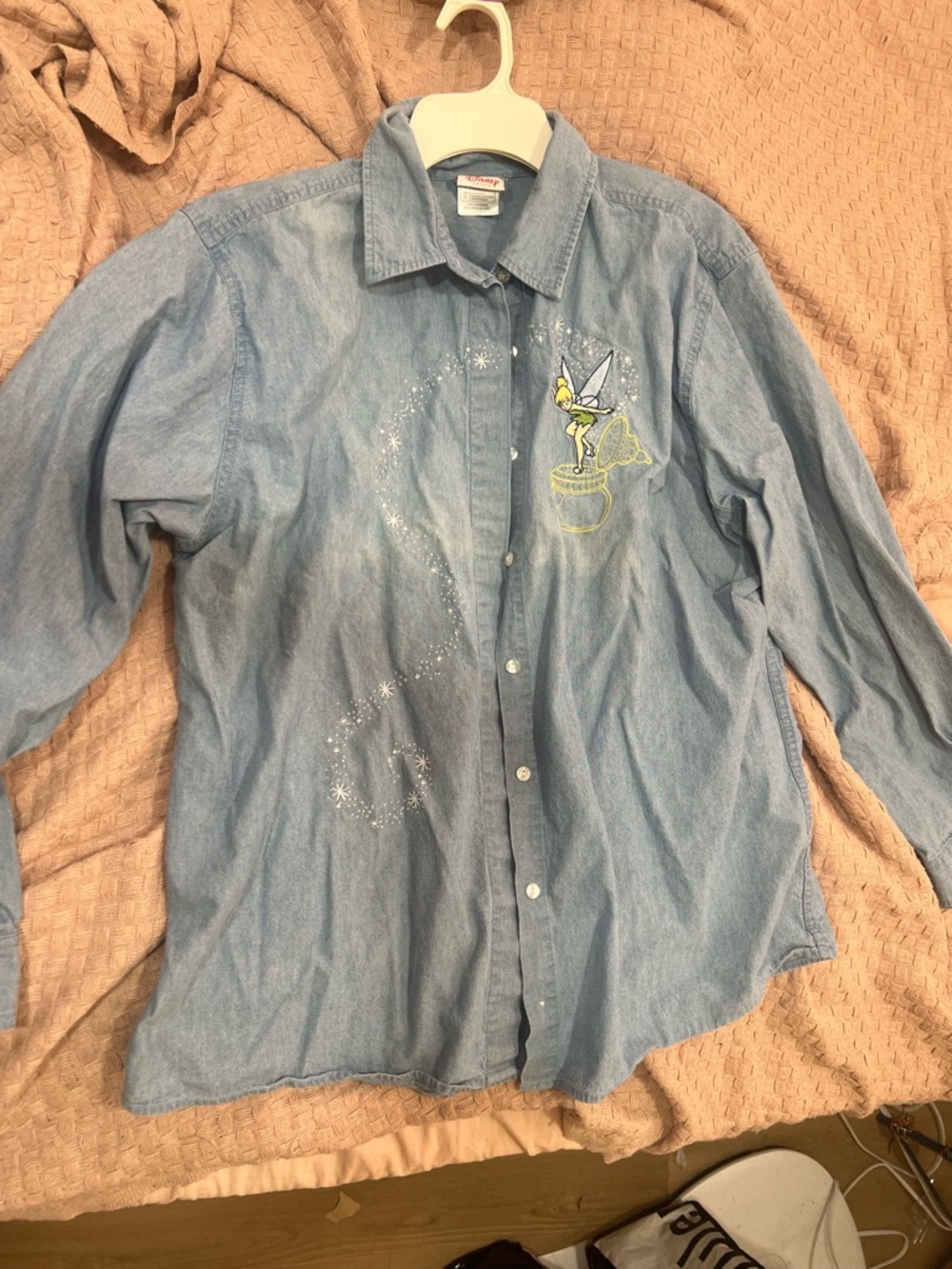 Disney Light Blue Denim Button-Down Shirt with Tinker Bell